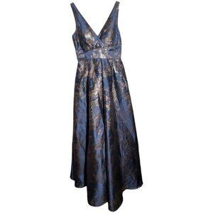 Carmen Marc Valvo Infusion Blue & Gold Metallic Jacquard A-Line V-Neck Sleeveles